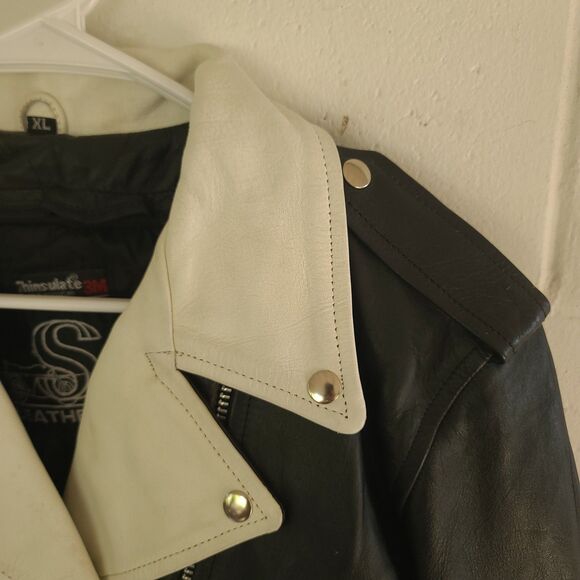 VTG Leather King Black & White Fringe Moto Jacket Braided Western Biker Women XL - Picture 13 of 16